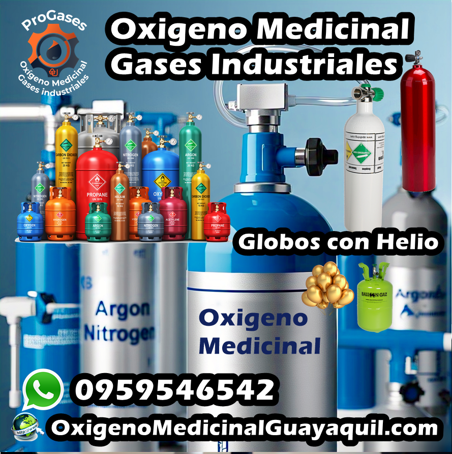 Oxígeno Medicinal Guayaquil ProGases. Globos con Helio en Guayaquil ProHelio. Gases Industriales. Venta, Alquiler y Recarga de Tanques Cilindros Botellas. Helio para Globos en Guayaquil. Distribuidor de todo tipo de Gases Industriales y Oxigeno Médico Medicinal. Reguladores, manómetros, acoples, equipos de corte y suelda. Helio, argón, hidrógeno, nitrógeno, Co2